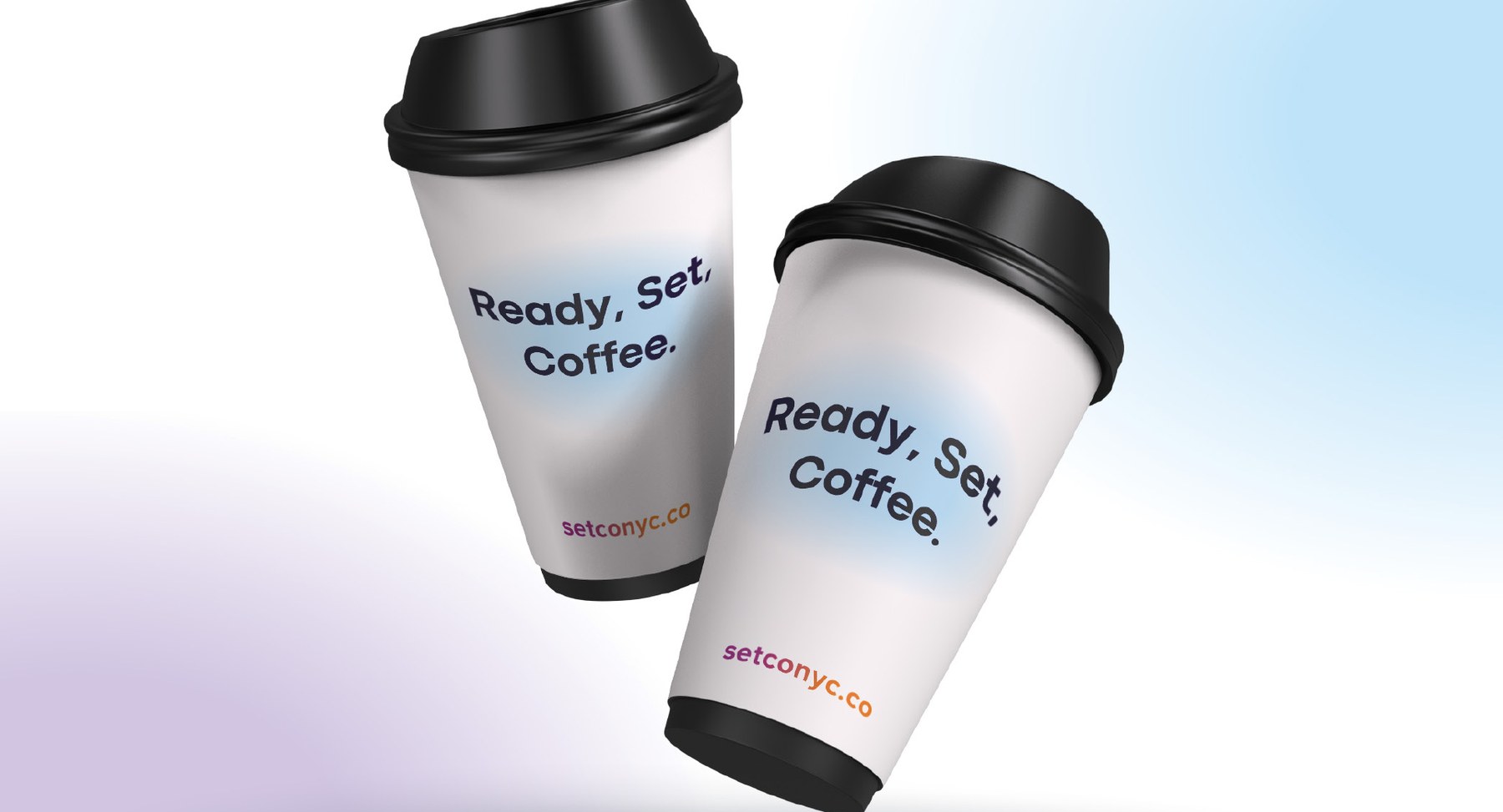 Branded coffee cups reading Ready, Set, Coffee