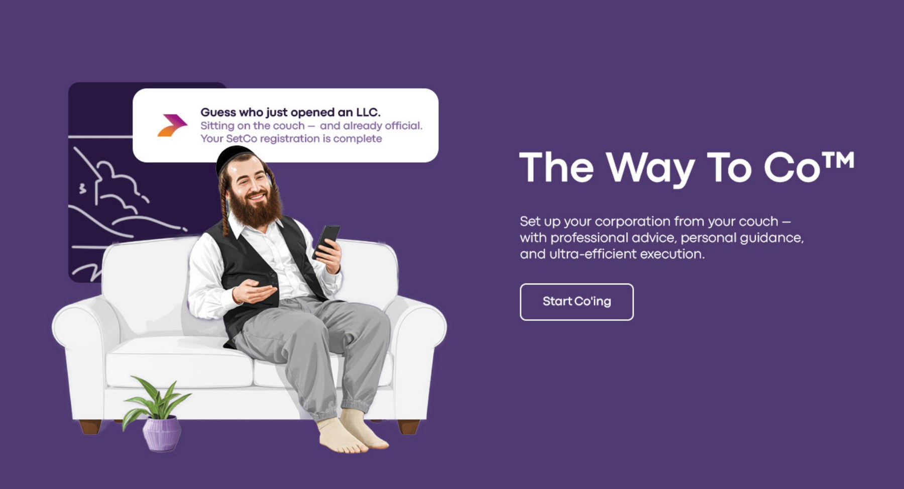 Social ad — guess who just opened an LLC, illustrated man on a couch with his phone