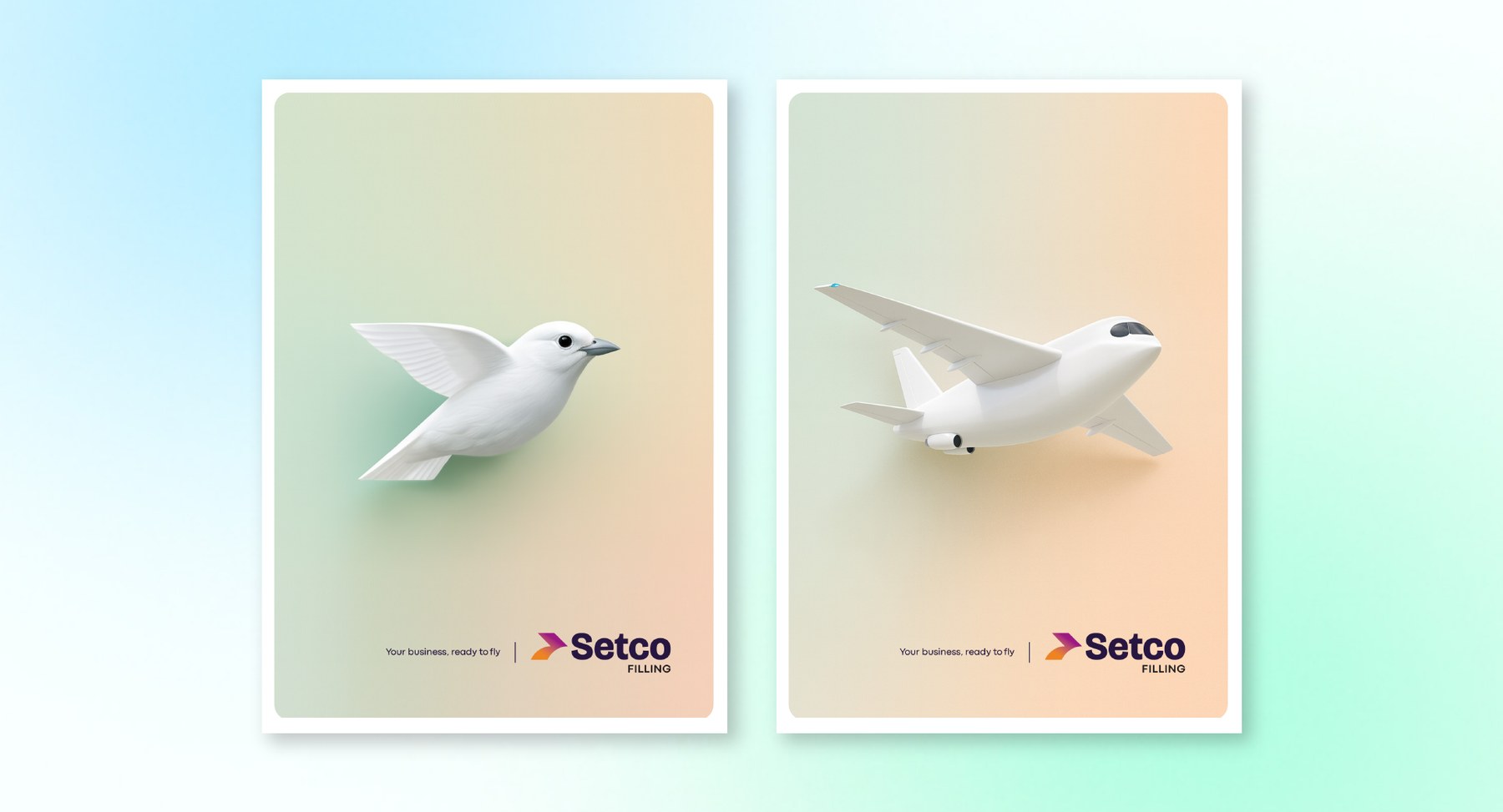 Two posters showing a bird and a plane, with the line your business, ready to fly